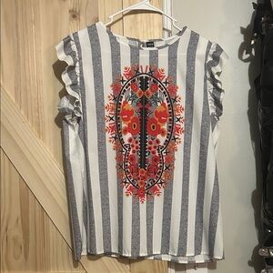 SHEIN Blue and White Striped Top with Red Floral Embroidery